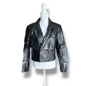 Black Double-Breasted Crop Faux Leather Women's Jacket Size Medium NEW
